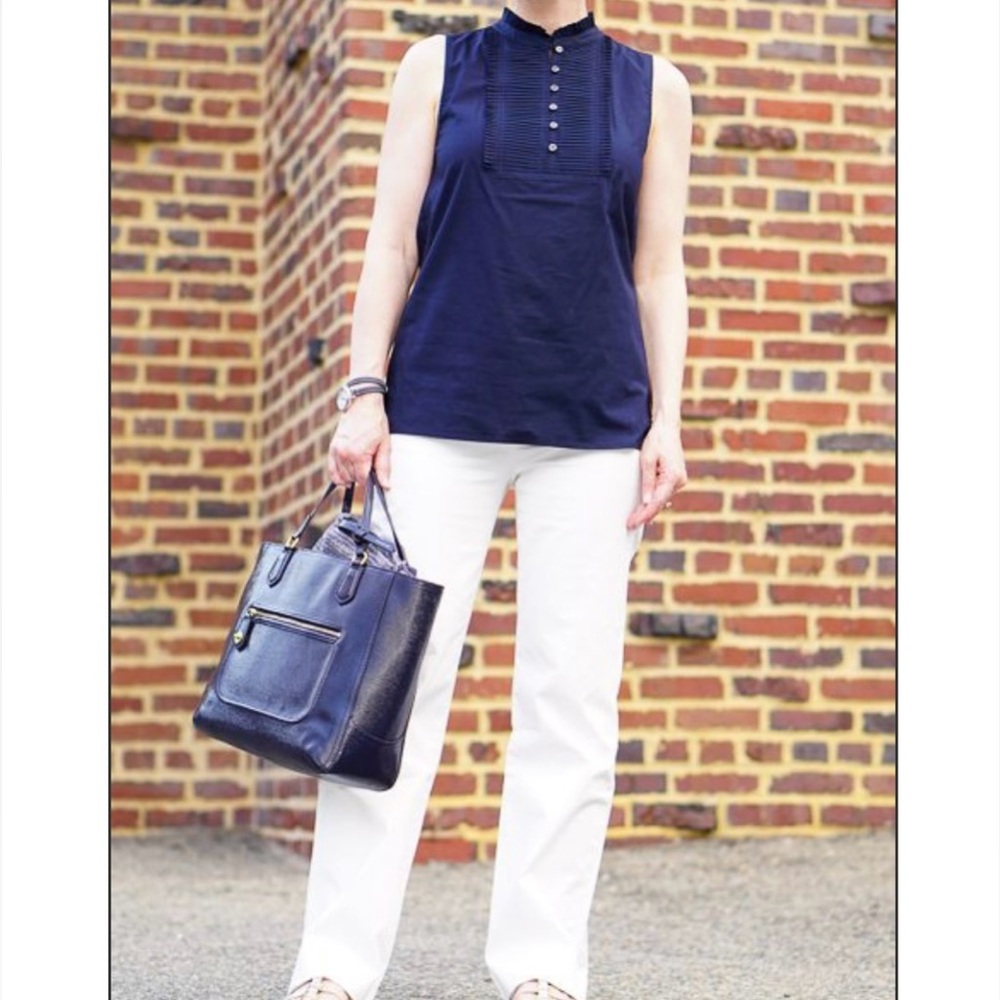 Coach Poppy Textured Patent Small Blaire Tote/Crossbody Brass / Navy